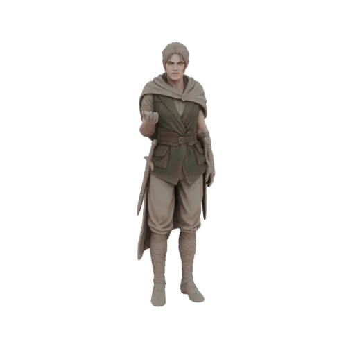 3D model of a fantasy adventurer with a green vest, brown cape, and sword, standing in a neutral pose.