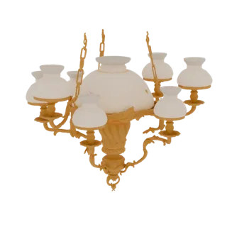 Modelo 3D de candelabro dorado ornamentado con pantallas de cristal esmerilado y detalles intrincados, presentado sobre fondo