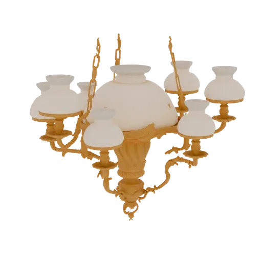 3D model of an ornate golden chandelier with frosted glass shades and intricate detailing, presented on a white background.