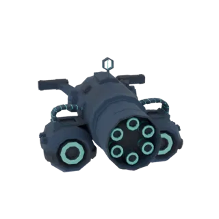 3D model of a futuristic Gatling cannon with multiple barrels and glowing cyan accents, set against a white background.