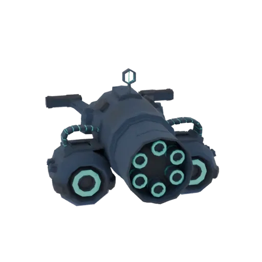 3D model of a futuristic Gatling cannon with multiple barrels and glowing cyan accents, set against a white background.