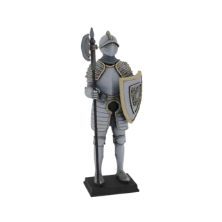 Modelo 3D de um cavaleiro medieval em armadura prateada e dourada, segurando um machado de batalha e um escudo, em pé sobre u