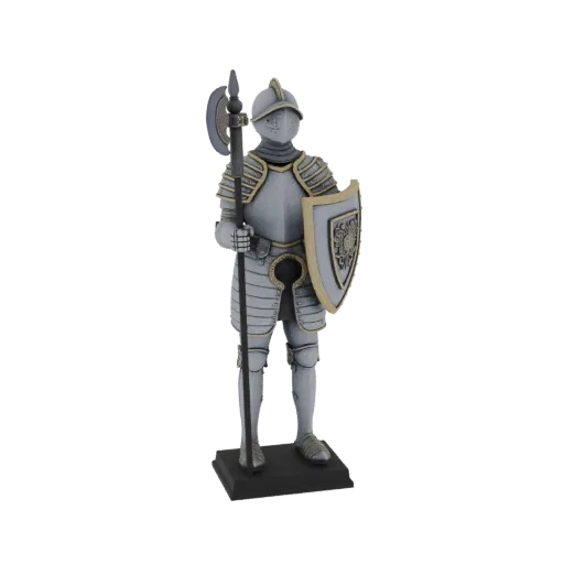 Modèle 3D d'un chevalier médiéval en armure argentée et dorée, tenant une hache de bataille et un bouclier, debout sur une ba