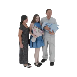 Modelo 3D de una familia con un bebé recién nacido, con un padre sosteniendo al bebé, una madre con flores y una abuela.
