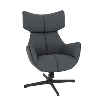 A modern dark gray swivel armchair with a sculptural design and a black five-star base, isolated on a white background.
