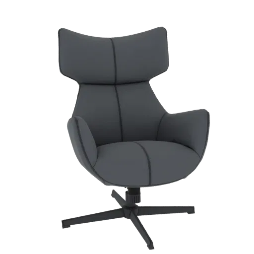 A modern dark gray swivel armchair with a sculptural design and a black five-star base, isolated on a white background.