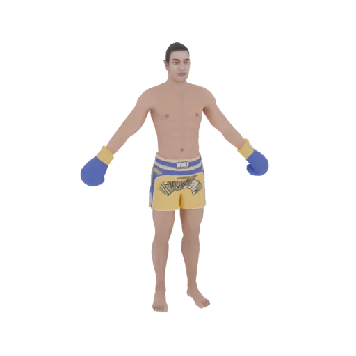 3D-Modell eines männlichen Muay Thai Kämpfers mit blauen und gelben Boxhandschuhen und Muay Thai Shorts, der in einer Bereits
