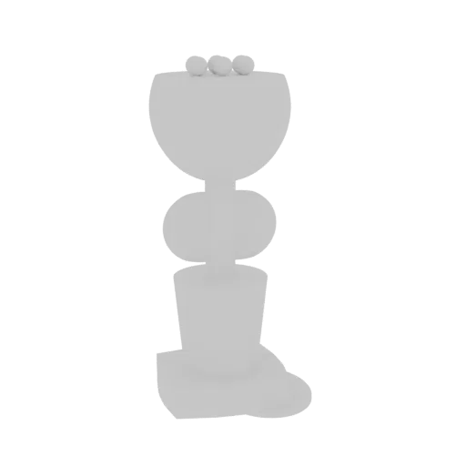 3D render of a monochromatic abstract sculptural vase with a tiered design and three spheres on top, set against a white back