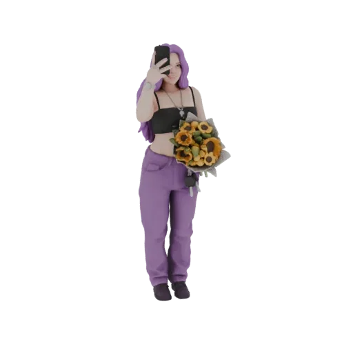 3D model of a young woman with purple hair, wearing a black crop top and purple pants, holding sunflowers and a smartphone fo