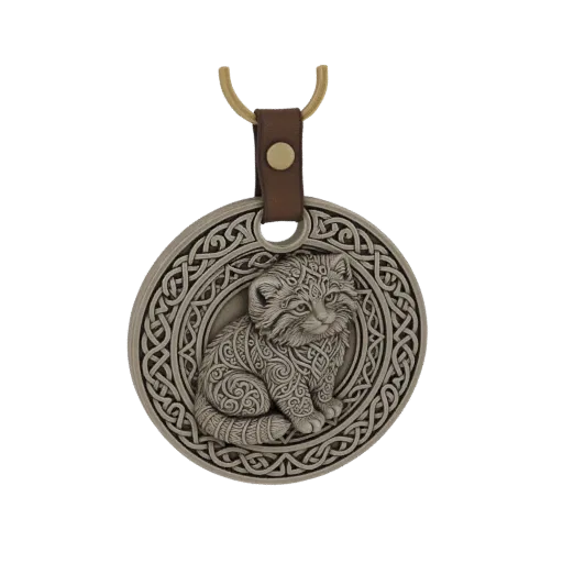 3D model of a Pallas's cat with intricate Celtic knotwork, depicted sitting within a circular frame, attached to a leather st