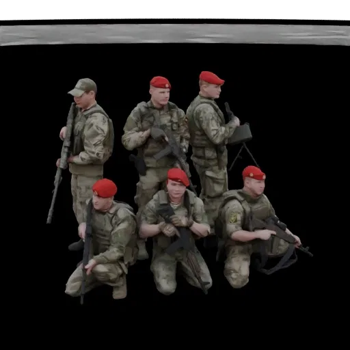 3D render of six soldiers in camouflage uniforms, holding rifles, posed in a group formation.