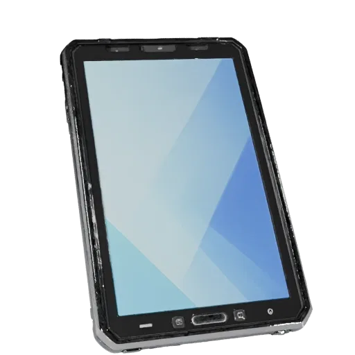 Rugged Tablet Phone Low Poly 3D model, game viewport three-quarter view, showing glass screens, thin device proportions.