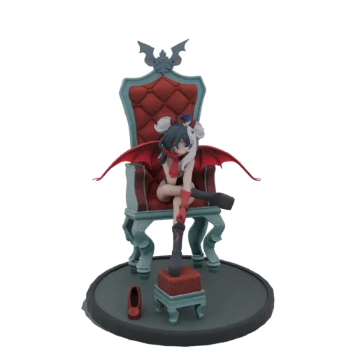 3D model of a gothic vampire queen with red bat wings, sitting on a red and teal throne, with a stool and shoe on the base.