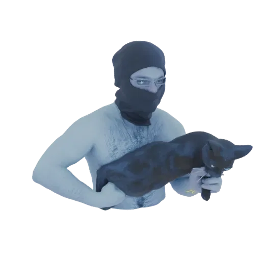 Modelo 3D de pessoa usando balaclava preta e óculos, segurando um gato preto com olhos brancos brilhantes.