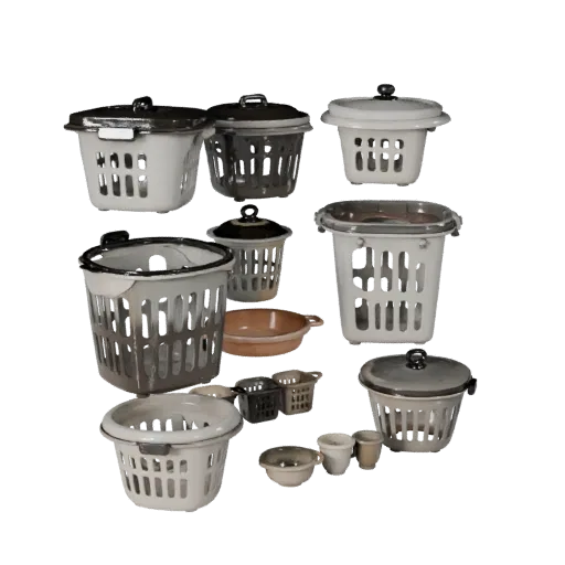 Cozy Laundry Basket 3D model, three-quarter front view, Unity viewport, showing ceramic, recognizable everyday shapes.