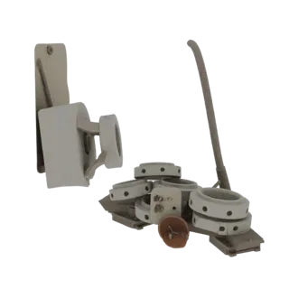 3D model of a retro toilet paper holder with a flexible hose and a separate spool, rendered in a neutral color palette.