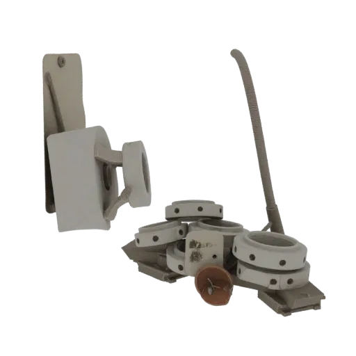 3D model of a retro toilet paper holder with a flexible hose and a separate spool, rendered in a neutral color palette.