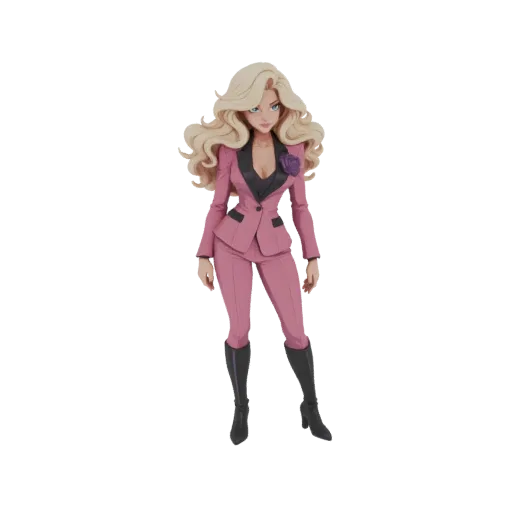 3D model of an elegant woman with blonde hair wearing a pink suit and black boots, standing confidently.