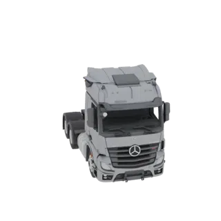 3D model of a grey 1:63 scale Mercedes-Benz Actros tractor unit, front and side view