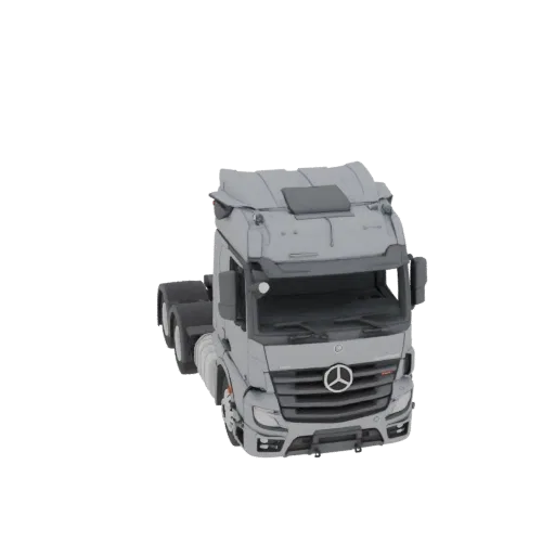 3D model of a grey 1:63 scale Mercedes-Benz Actros tractor unit, front and side view