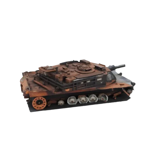 3D model of a rusty, weathered tank with visible tracks and turret, set against a white background.