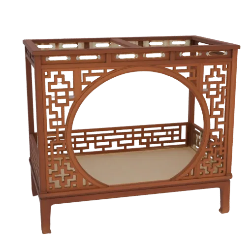 3D model of a traditional Chinese canopy bed with intricate wooden lattice work and a circular moon gate design.