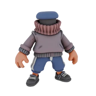 Modelo 3D de un personaje estilizado con boina azul, sudadera gris y pantalones cortos azules, en pose casual.