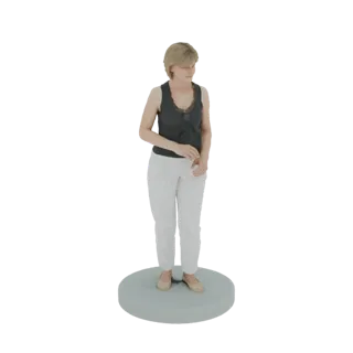 3D model of a woman with blonde hair, wearing a black sleeveless top and white pants, standing on a light blue circular base.