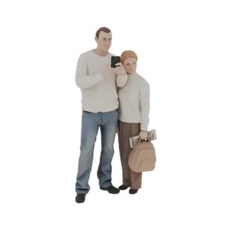 3D model of a man and woman taking a selfie, the woman carries a backpack and travel documents.