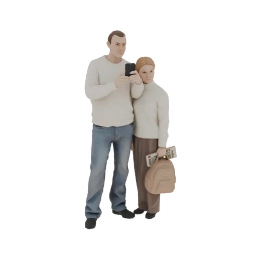 3D model of a man and woman taking a selfie, the woman carries a backpack and travel documents.