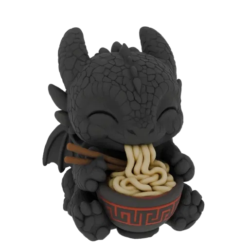 Una statuetta di drago chibi nero seduta che mangia noodles ramen con le bacchette, con gli occhi chiusi per il piacere.