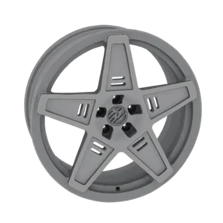 3D model of a gray, five-spoke starburst wheel rim with a futuristic design, isolated on a white background.