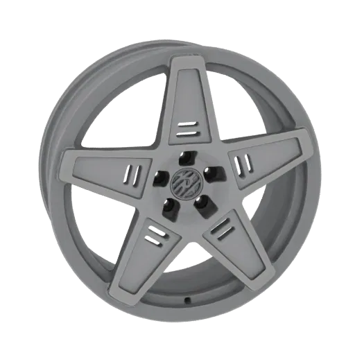 3D model of a gray, five-spoke starburst wheel rim with a futuristic design, isolated on a white background.