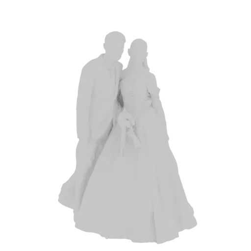 A 3D model render of a wedding couple, with the groom in a suit and the bride in a wedding gown.
