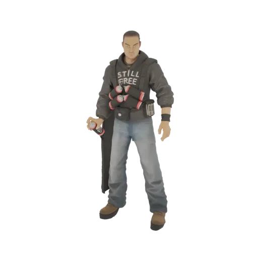3D model of a male graffiti artist wearing a hoodie and jeans, holding spray cans.