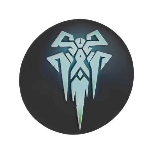3D model render of the League of Legends Freljord emblem, a stylized icy blue symbol on a dark, circular base.