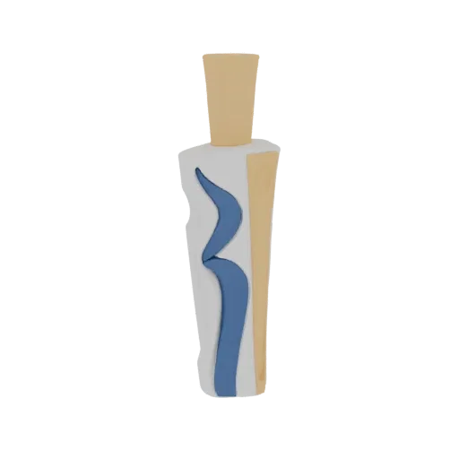 A 3D render of an abstract perfume bottle with a white body, a blue ribbon accent, and a beige cap and side panel.