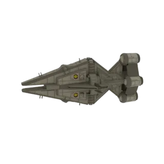 Top-down view of a 3D model of an Imperial Star Destroyer, a large, wedge-shaped spaceship with grey plating and visible engi