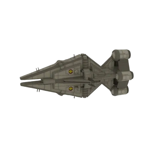 Top-down view of a 3D model of an Imperial Star Destroyer, a large, wedge-shaped spaceship with grey plating and visible engine exhausts.
