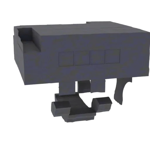 3D model of an abstract brutalist building block with a rough concrete texture, recessed window-like squares, and a complex b