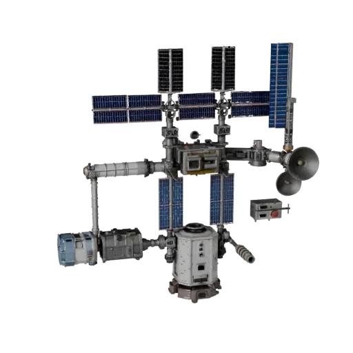Navigation Relay Station Modular 3D model, isometric modular kit view, showing solar panels, spacecraft silhouette.