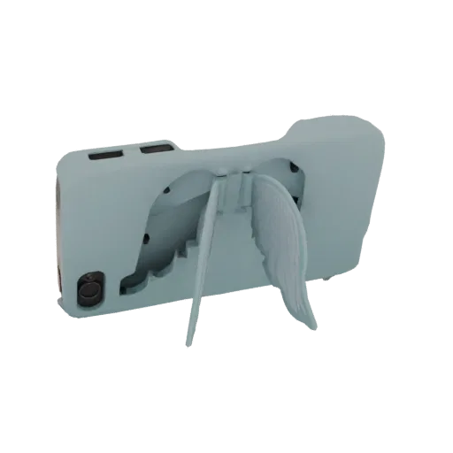A 3D render of a light blue phone stand with detailed angel wings, viewed from the side.
