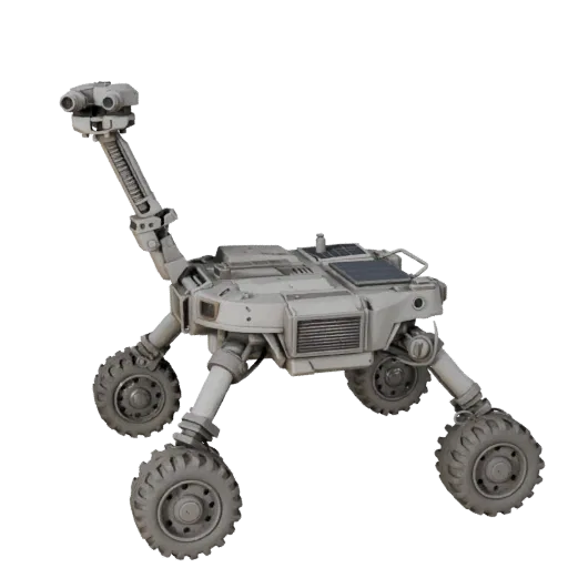 Lunar Sample Collector 3D model, three-quarter front view, Unreal Engine viewport, showing dusty wheels, vehicle stance.