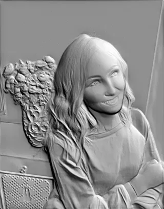 3D-Modell eines Basreliefs "Lächelndes Mädchen" im Profil, mit einem sanften Lächeln und verträumtem Blick.