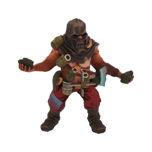 3D model of a Wasteland Grenadier character, wearing a mask and holding grenades, with a rugged, post-apocalyptic appearance.