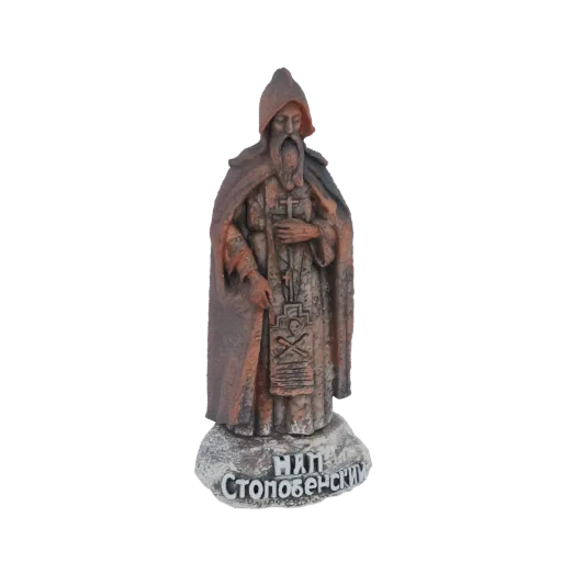 3D model of a monk saint figurine with a beard, wearing a hooded robe and holding a cross, standing on a stone base with Cyri