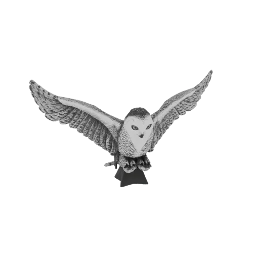 3D-Modell einer Schneeeule im Flug, Flügel weit ausgebreitet, mit detailliertem Gefieder und durchdringenden Augen, vor weiße