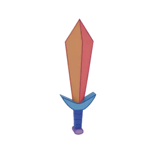 Modèle 3D d'une épée fantastique avec une lame en pierre précieuse dégradée orange-rouge et une garde bleue, sur fond blanc.