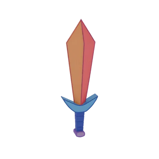 Modelo 3D de una espada fantástica con hoja de gema degradada de naranja a rojo y empuñadura azul, sobre fondo blanco.