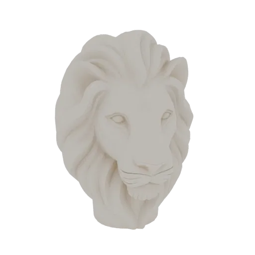 A 3D render of a detailed, stone-like sculpture of a lion's head with a majestic mane, presented on a white background.
